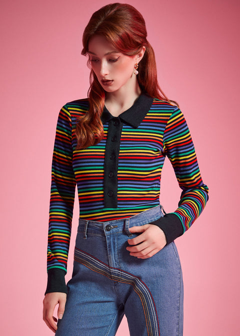 Retro rainbow stripe ribbed knit polo top with functional partial button front and fitted silhouette