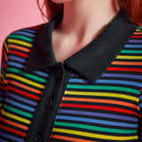 Close-up of rainbow striped rib knit polo top with black point collar and functional button placket