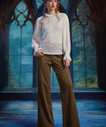 Full-length styling of ivory Victorian lace blouse with wide-leg trousers