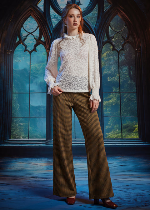 Full-length styling of ivory Victorian lace blouse with wide-leg trousers