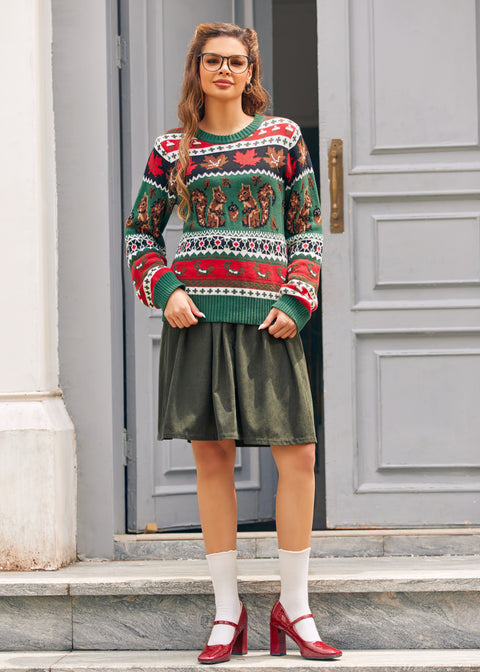 Full-length view of woman wearing green squirrel sweater with olive midi skirt