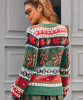 Back view of woman wearing green squirrel Fair Isle sweater with autumn design 