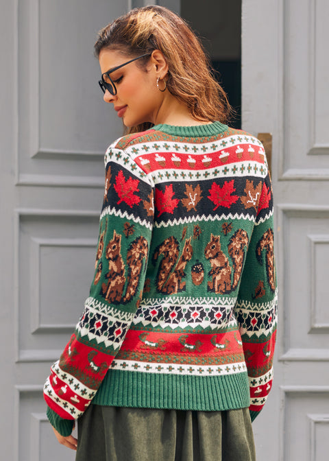 Back view of woman wearing green squirrel Fair Isle sweater with autumn design 