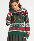 Woman wearing cotton-rich fall sweater with squirrel Fair Isle pattern and crew neck
