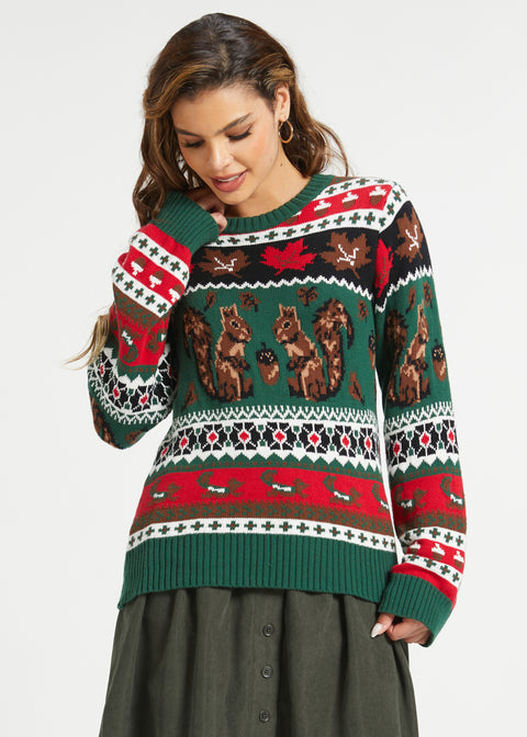Woman wearing cotton-rich fall sweater with squirrel Fair Isle pattern and crew neck