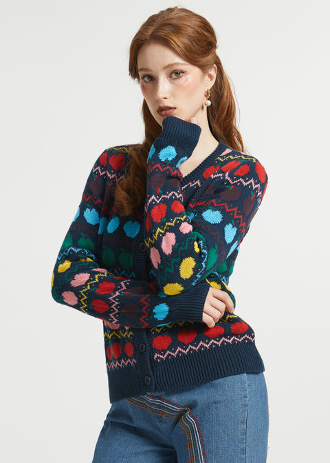 A woman wearing a navy blue knit cardigan with a colorful, multicolored geometric apple pattern, paired with blue jeans, against a plain light gray background.