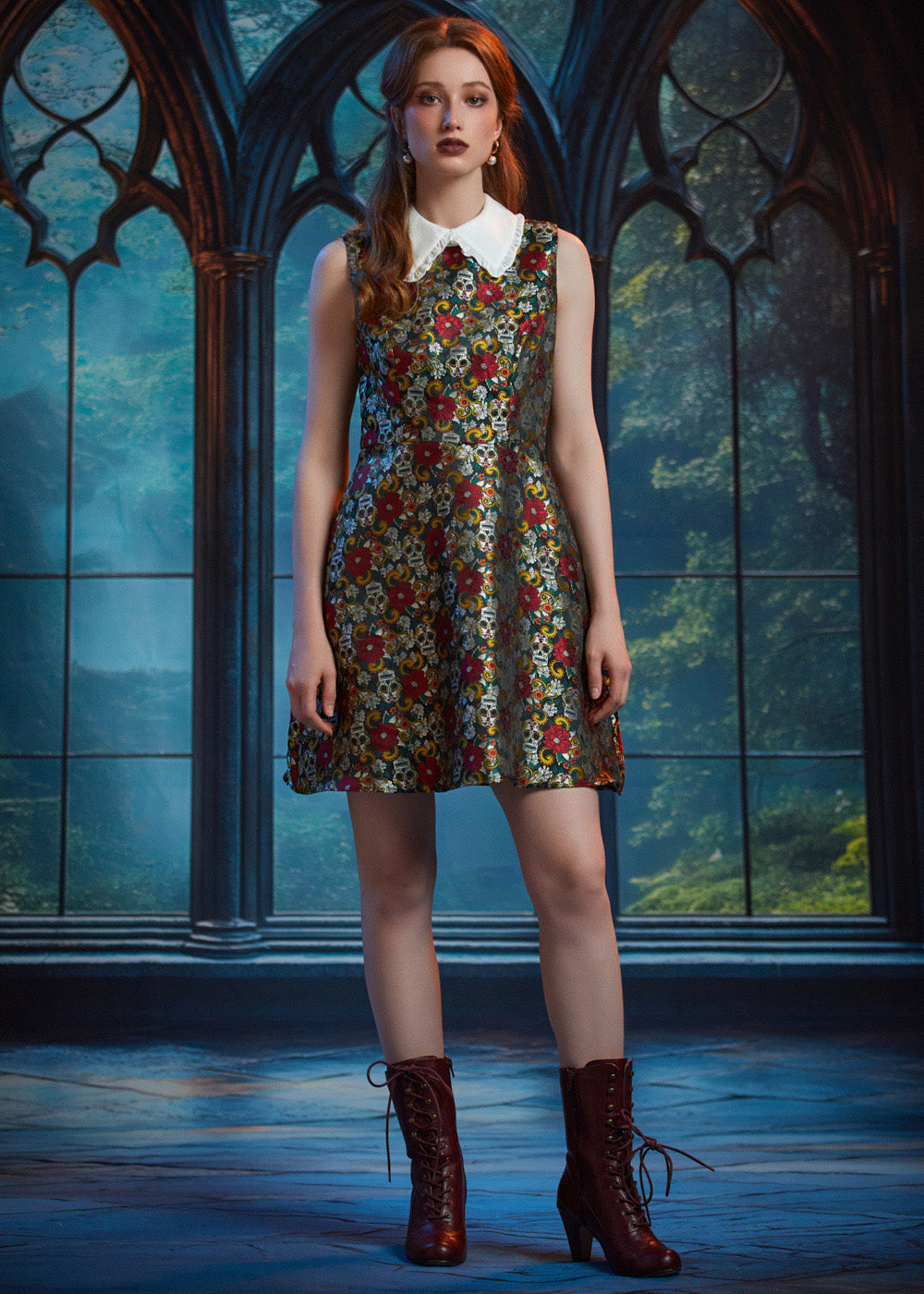 Full-length front view of woman wearing the ModCloth Forever Remembered Dress in Memento Mori with a vintage-inspired fit-and-flare silhouette.