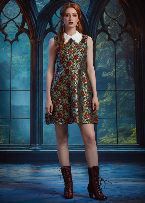 Full-length front view of woman wearing the ModCloth Forever Remembered Dress in Memento Mori with a vintage-inspired fit-and-flare silhouette.