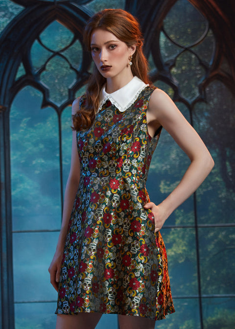 Angled front view of the ModCloth Forever Remembered Dress in Memento Mori showcasing the sleeveless silhouette and vintage-inspired design.