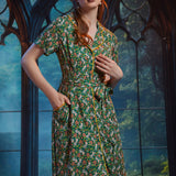 ModCloth Toadally Bewitched midi dress featuring mushroom hat frogs, jack-o-lanterns, contrast piping, and full button front.