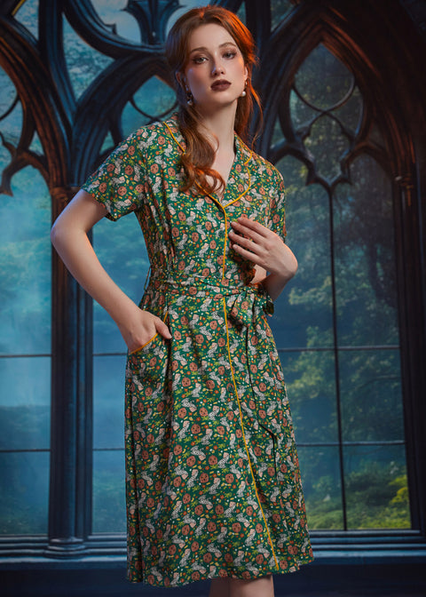 ModCloth Toadally Bewitched midi dress featuring mushroom hat frogs, jack-o-lanterns, contrast piping, and full button front.