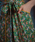 Close-up of front pocket, removable self-tie belt, and Toadally Bewitched frog and mushroom print on a ModCloth dress.