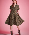 Olive ditsy floral fit-and-flare dress with removable buckle belt and full skirt