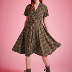 Olive ditsy floral fit-and-flare dress with removable buckle belt and full skirt