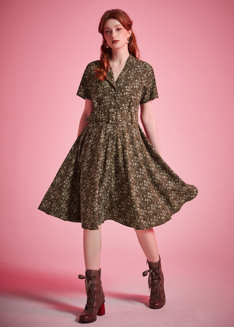 Olive ditsy floral fit-and-flare dress with removable buckle belt and full skirt