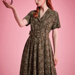 Woman wearing ModCloth Rustic Elegance Casual Dress in Moss & Meadow with removable buckle belt