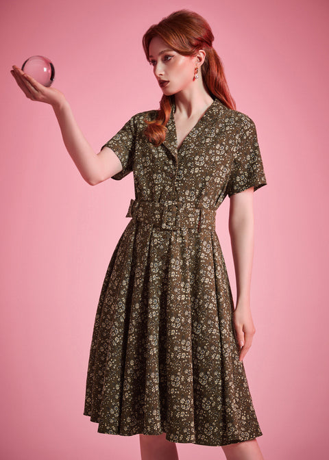 Woman wearing ModCloth Rustic Elegance Casual Dress in Moss & Meadow with removable buckle belt