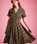 Olive floral vintage-inspired dress with soft notched collar detail