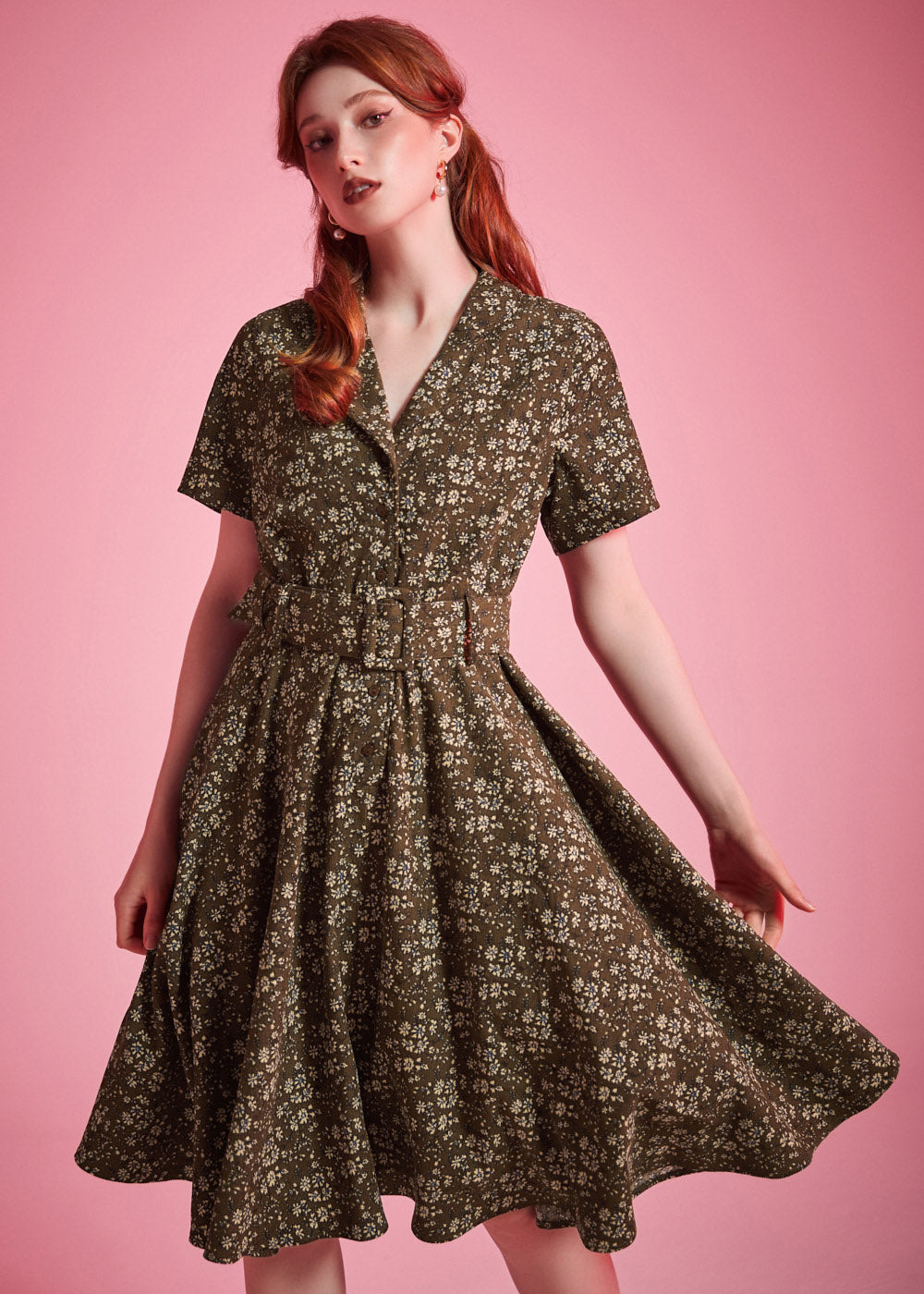 Olive floral vintage-inspired dress with soft notched collar detail