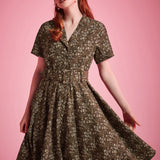Olive floral vintage-inspired dress with soft notched collar detail