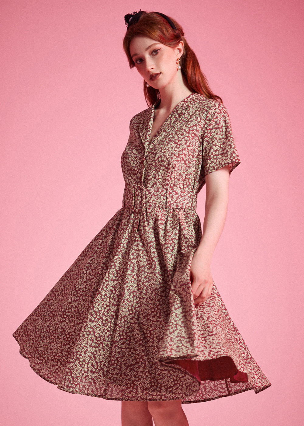 Woman wearing ModCloth Rustic Elegance Casual Dress in Cranberry Cottage with removable buckle belt