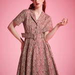 Burgundy floral ModCloth dress with tailored bodice, side pockets, and removable belt