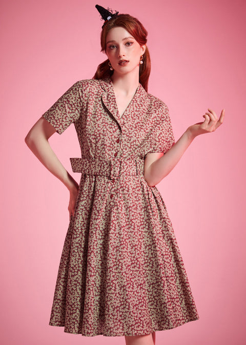 Burgundy floral ModCloth dress with tailored bodice, side pockets, and removable belt