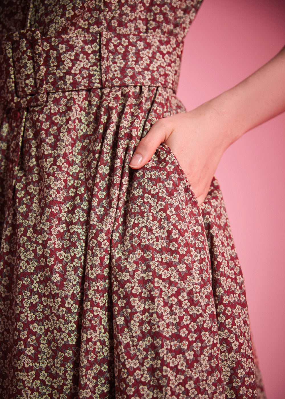 Burgundy floral cotton fit-and-flare dress with button-front bodice and side pockets