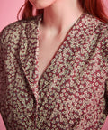 Close-up of notched collar and ditsy floral print on ModCloth cotton dress
