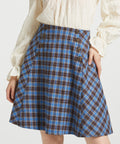 Studio close-up of blue and brown plaid Sailor Flare Skirt showing high waist, double button rows and flared silhouette