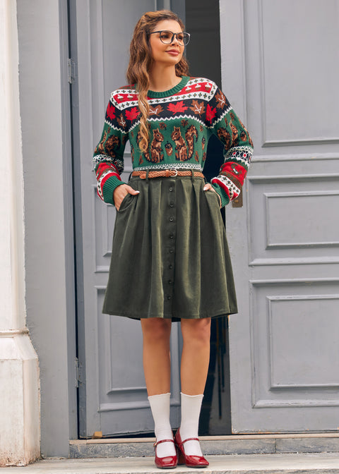 Woman wearing vintage-inspired olive corduroy skirt with sweater for fall