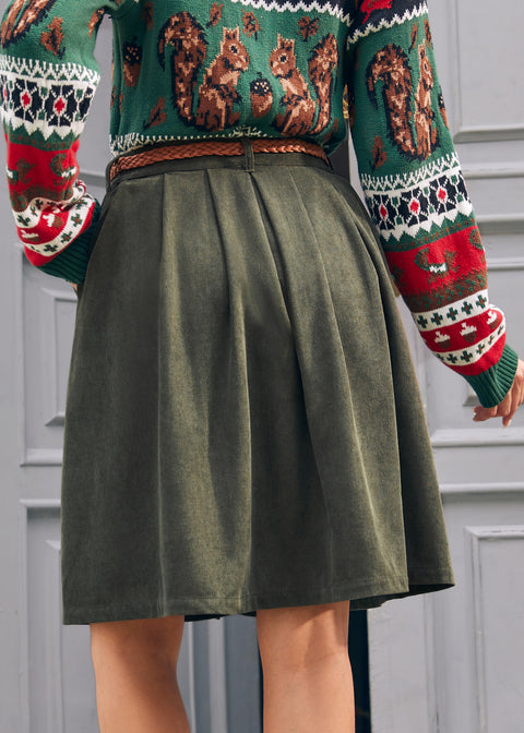 Back view of women's olive green corduroy A-line skirt with pleated silhouette