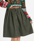 Olive corduroy high-waisted skirt with belt loops, pleats and side pockets