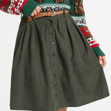 Olive corduroy high-waisted skirt with belt loops, pleats and side pockets