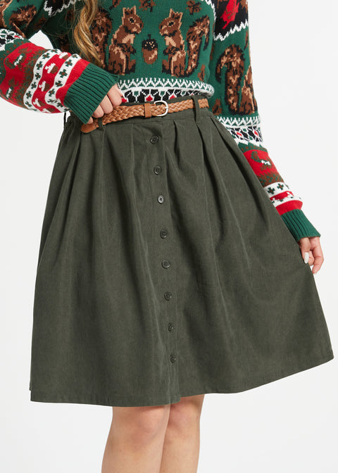 Olive corduroy high-waisted skirt with belt loops, pleats and side pockets