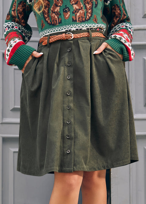 ModCloth vintage-inspired olive corduroy knee-length skirt with side pockets