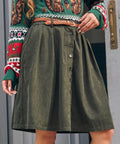 Women's pleated corduroy A-line skirt in olive green with functional button front