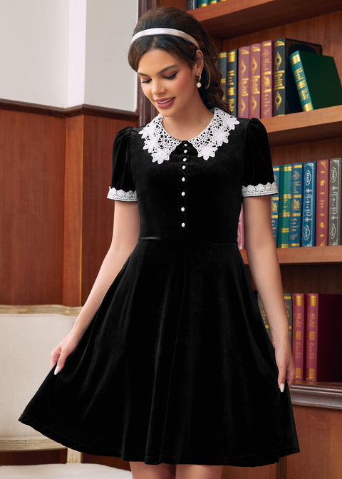 Woman wearing Laced With Charm Fit & Flare Dress in Black Velvet by ModCloth