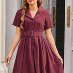 Vintage-inspired burgundy corduroy dress with notched collar and full skirt