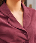 Burgundy corduroy shirt dress notched collar and button front detail