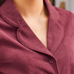 Burgundy corduroy shirt dress notched collar and button front detail