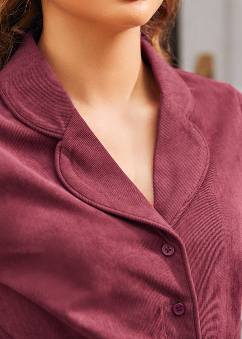 Burgundy corduroy shirt dress notched collar and button front detail