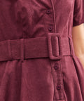 Burgundy fine-wale corduroy button front bodice dress with matching buckle belt