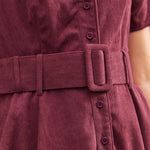 Burgundy fine-wale corduroy button front bodice dress with matching buckle belt
