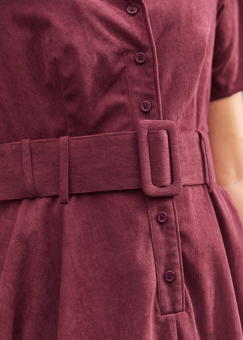 Burgundy fine-wale corduroy button front bodice dress with matching buckle belt