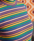 Close-up of ribbed cotton-blend rainbow stripe knit and mock neckline in teal, blue, purple, pink, orange and yellow