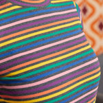 Close-up of ribbed cotton-blend rainbow stripe knit and mock neckline in teal, blue, purple, pink, orange and yellow