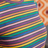 Close-up of ribbed cotton-blend rainbow stripe knit and mock neckline in teal, blue, purple, pink, orange and yellow
