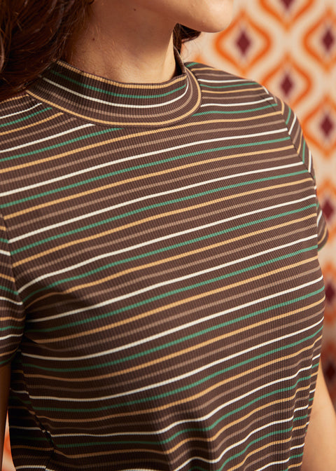 Close-up of brown ribbed mock neck top showing horizontal cream, green, camel, and rust stripes and neckline