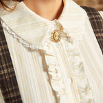 Close-up of the lace-trimmed collar, decorative cameo-style accent, textured fabric, and ruffled button placket on an ivory Victorian blouse.